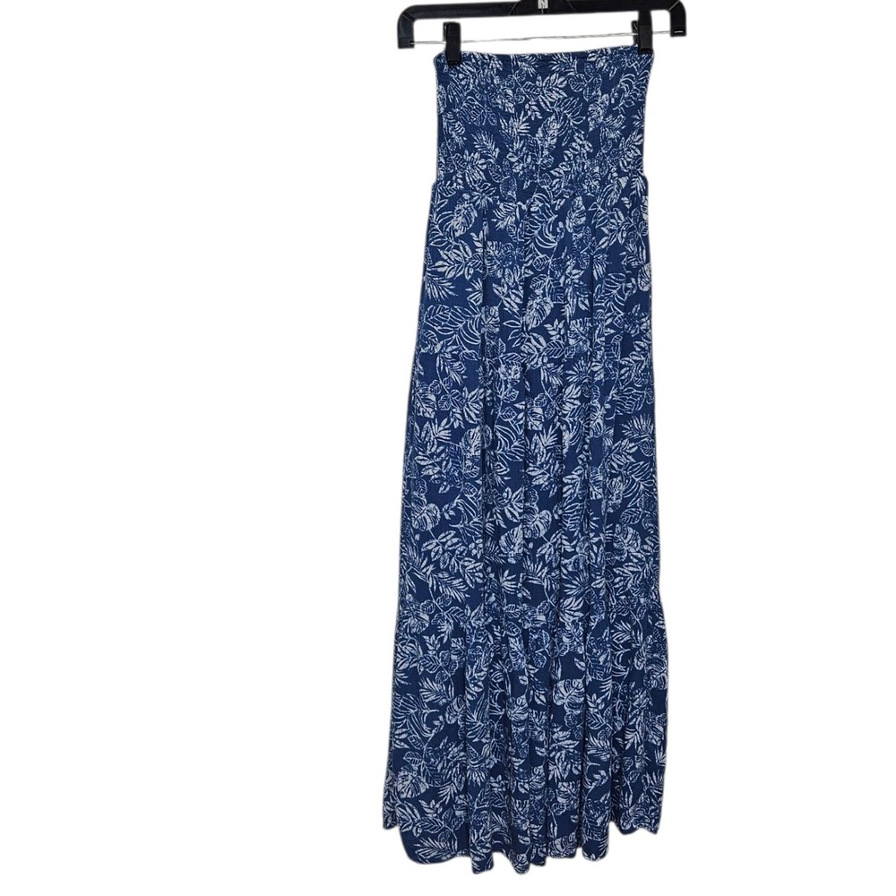 Passport Blue Foilage Smocked Strapless Midi Dress Summer Bohemian CottageiL